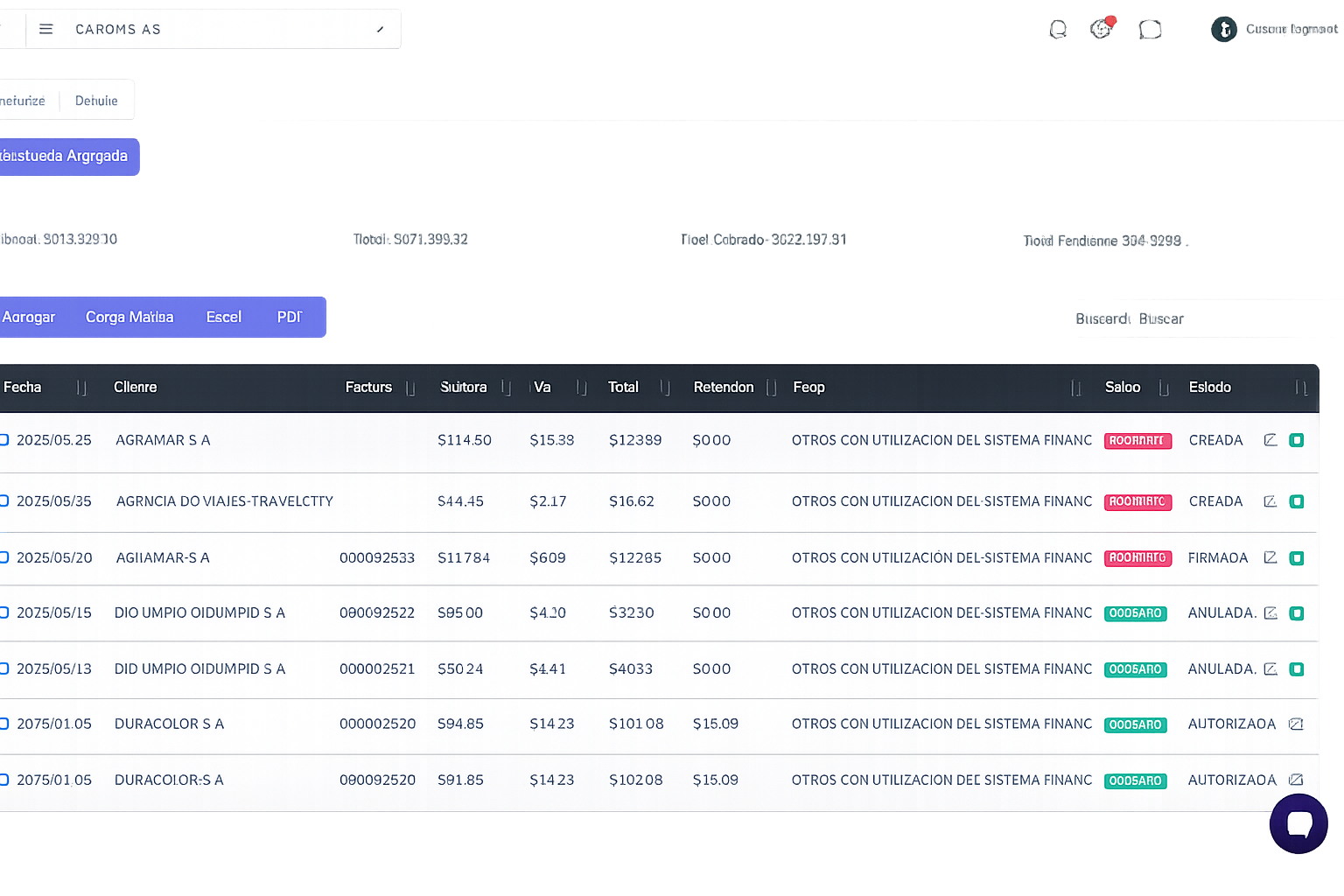 Consulta de facturas en Kymtable